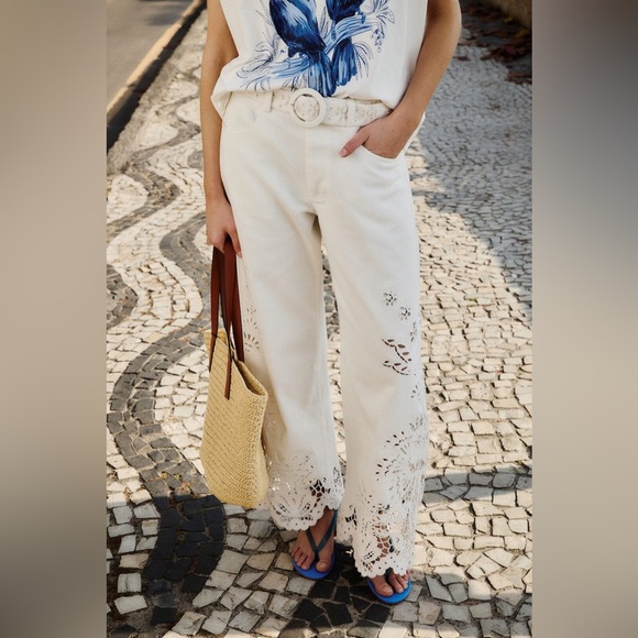FARM Rio Pants - FARM Rio Cream Wide-Leg Eyelet Crochet Hem Pants